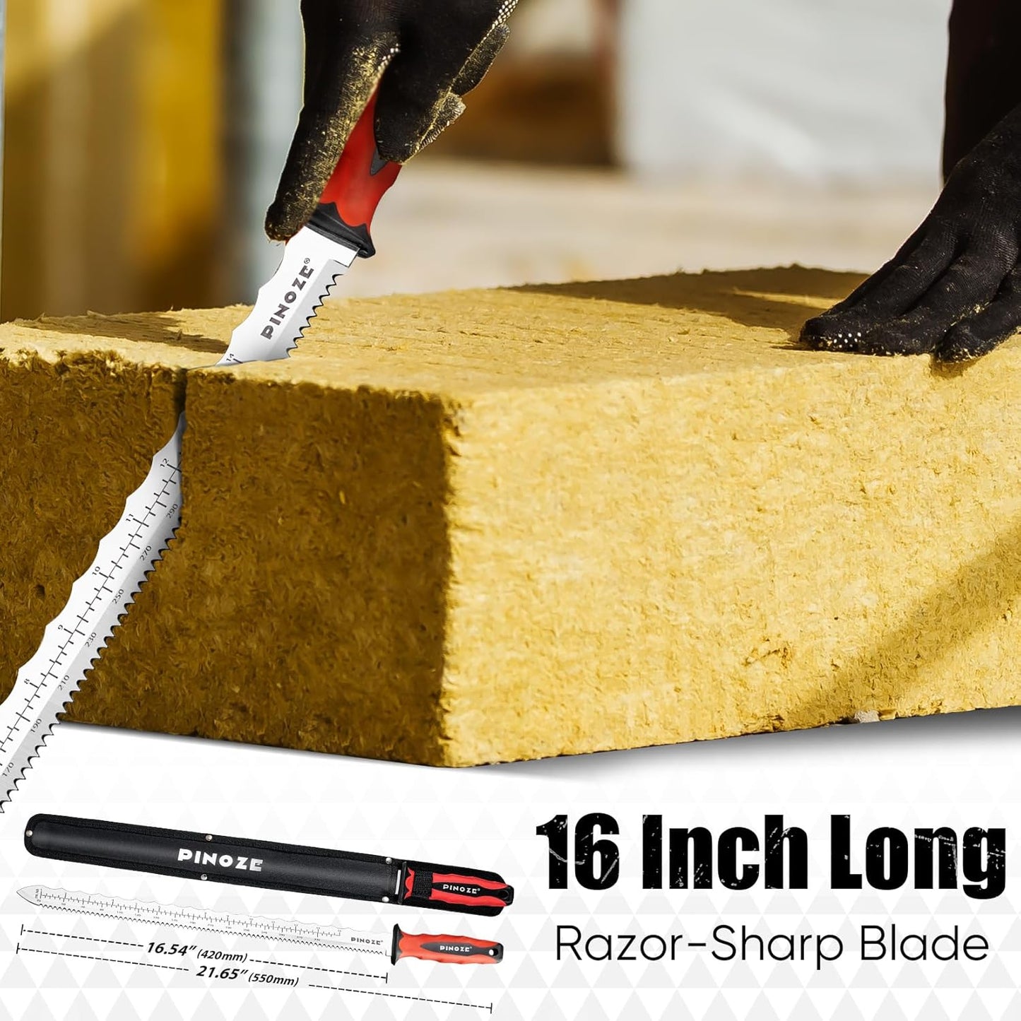8" Insulation Knife, Stainless Steel Blade Insulation Cutter w/Laser Scale, Dual-Side Serrated Duct Knife Tool with Sheath for Cutting Heat Material Foam/Rockwool/Styrofoam, Garden Sod Cutter