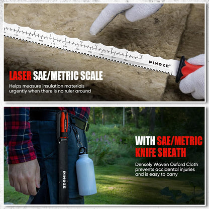 8" Insulation Knife, Stainless Steel Blade Insulation Cutter w/Laser Scale, Dual-Side Serrated Duct Knife Tool with Sheath for Cutting Heat Material Foam/Rockwool/Styrofoam, Garden Sod Cutter