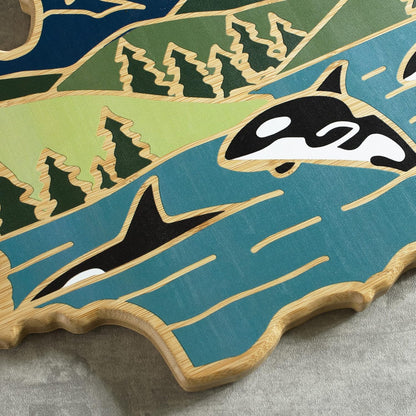 Totally Bamboo North Carolina State Shaped Cutting Board and Charcuterie Serving Platter with Artwork by Summer Stokes, Includes Hang Tie for Wall Display 18" x 8" x 5/8" - Colors B