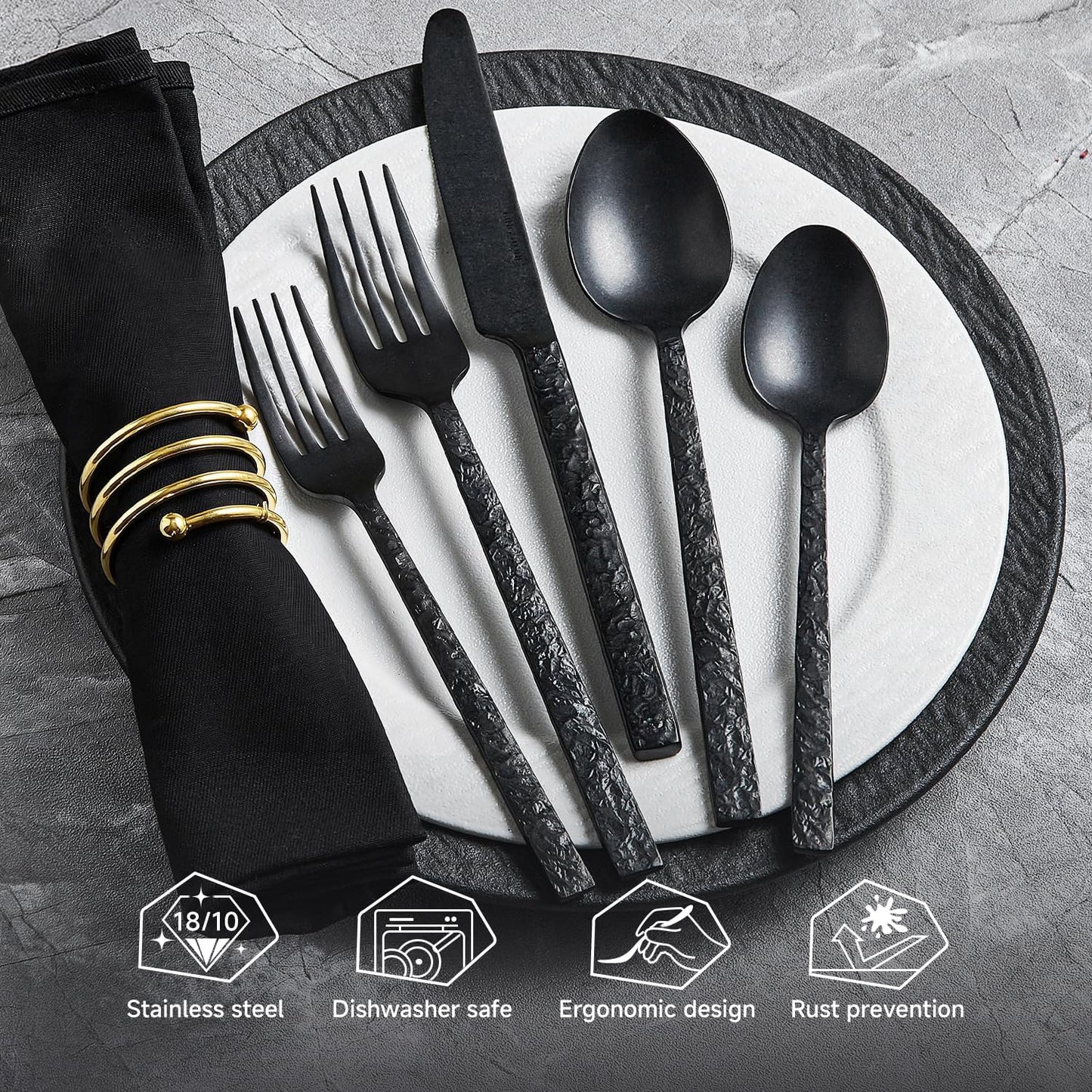 KINGSTONE 24 Pcs Black Hammered Silverware Set with Steak Knives for 4, 18/10 Stainless Steel Heavy Duty Flatware Set, Tableware Cutlery Utensil Sets for Home Restaurant Dishwasher Safe