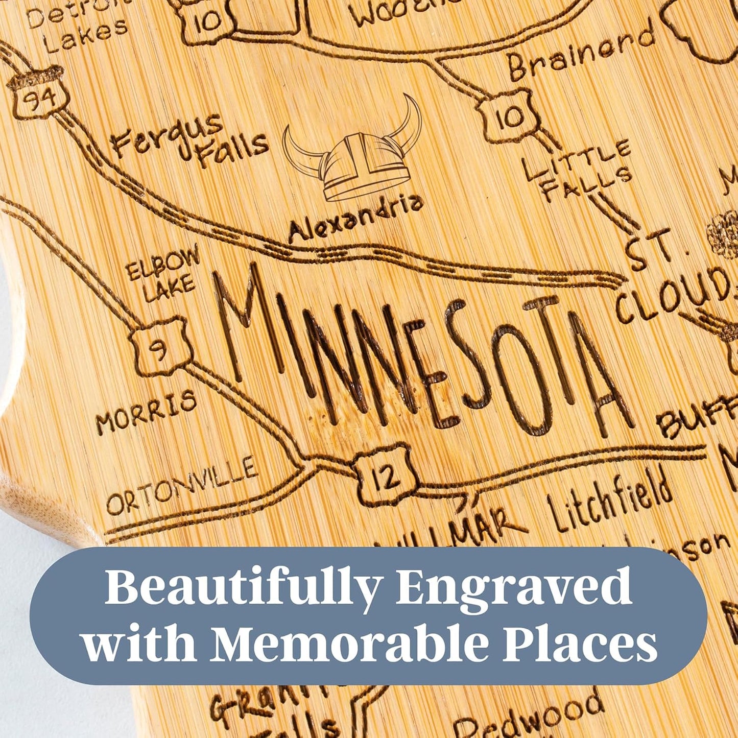 Totally Bamboo Destination Minnesota Shaped Cutting Board – Bamboo Charcuterie and Serving Board with Hang Tie for Wall Display