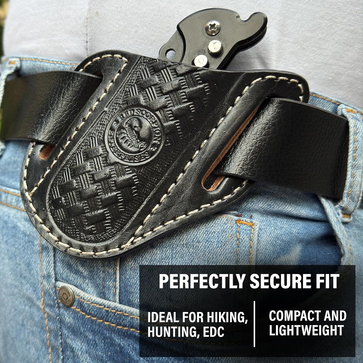 Red Scorpion Handmade Leather Knife Sheath for Belt - EDC Belt Holster for Folding Knife, Leather Sheath for Pocket Knife, Compact EDC Tools Carrier for Outdoor Activities