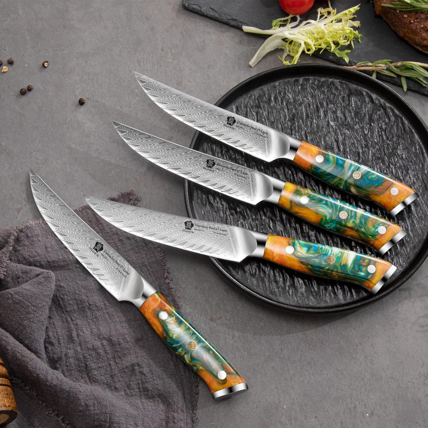 WILDMOK Steak Knife Set 4pc Full Tang 5 inch Forged Damascus Steel Dinner Knives Full Tang Ergonomic Beautiful Resin Handle