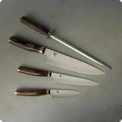 Shun Premier 8 Piece Professional Block Set, Features 6 Shun Premier Knives, Honing Steel and 11-Slot Bamboo Knife Block, Handcrafted Japanese Knife Set, Pakkawood Handles