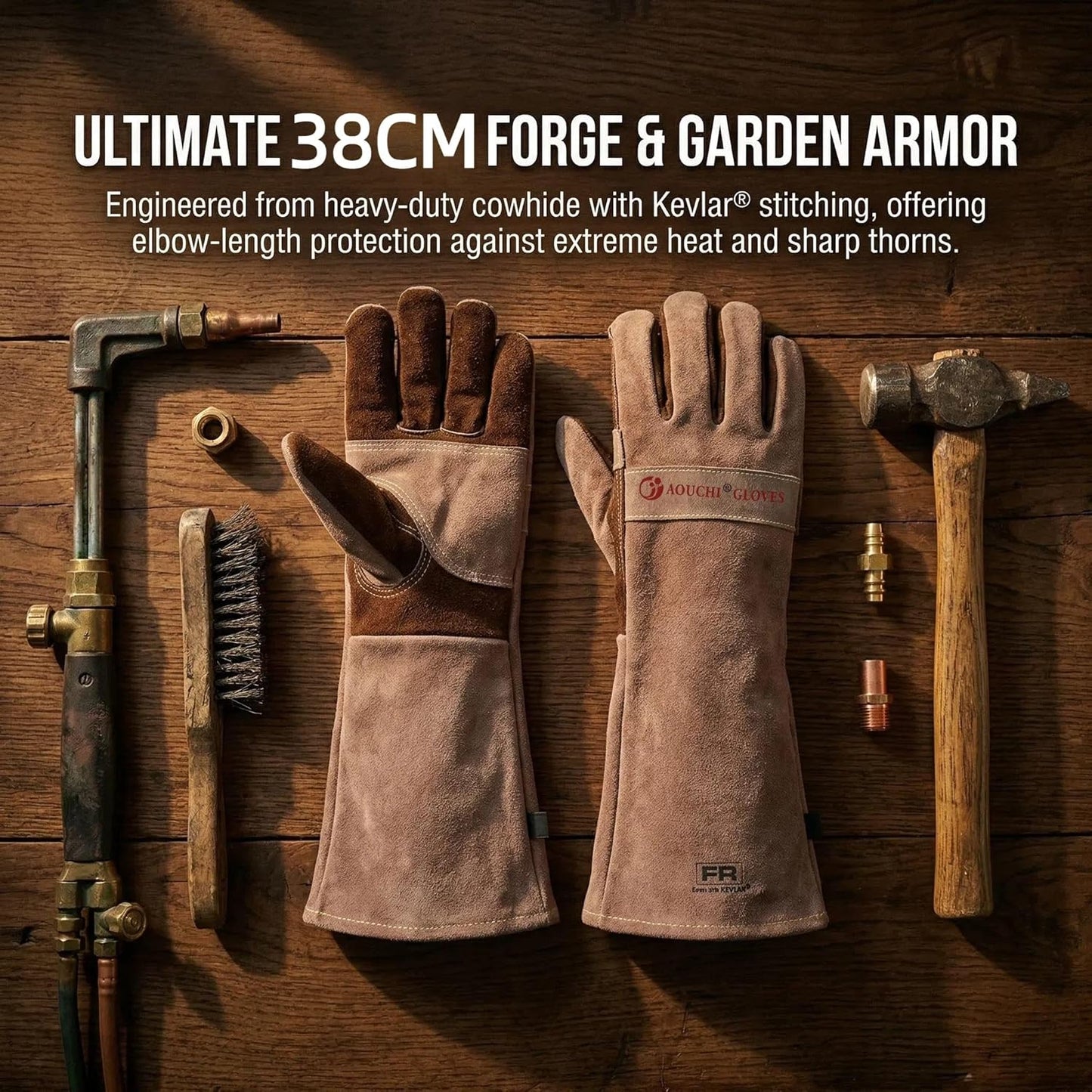 Leather Welding Gloves for Men,Long Sleeve Fireproof and Heat Resistant Mitts for Firefighting,Fireplace,Oven,Baking,BBQ,Stove,Pot Holder,Yard Work Thorn Proof (Brown Medium)