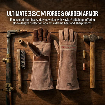 Leather Welding Gloves for Men,Long Sleeve Fireproof and Heat Resistant Mitts for Firefighting,Fireplace,Oven,Baking,BBQ,Stove,Pot Holder,Yard Work Thorn Proof (Brown Medium)