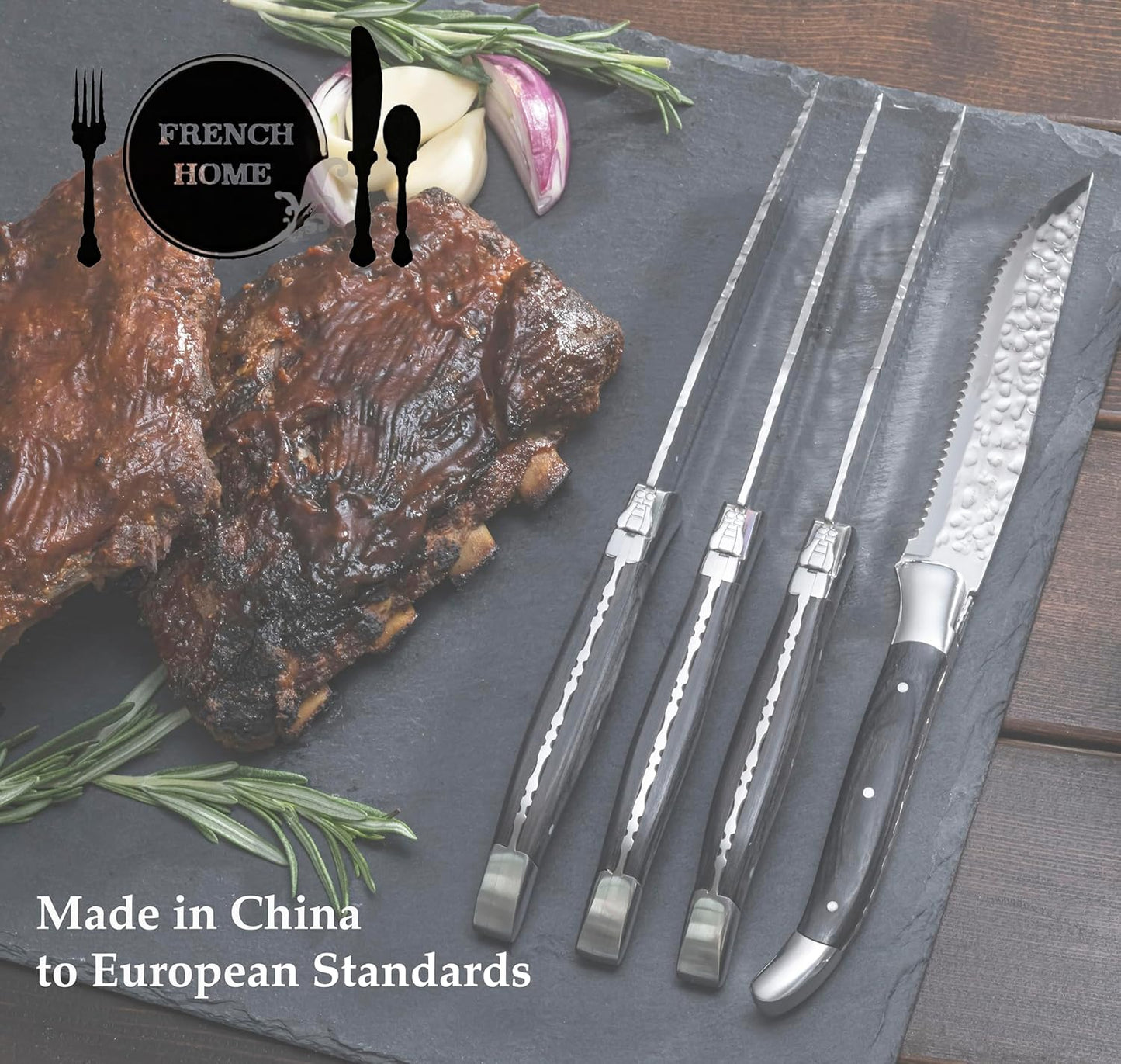 French Home Laguiole 4-Piece Steak Knife Set – Sophisticated Stainless Steel Dinner Knives with Navy Blue Handles & Iconic Bee Emblem – Serrated Knives for Smooth Cutting (9.25")
