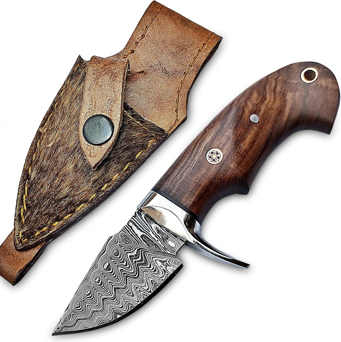 Warivo Damascus Steel Hunting Knife 10 Inch Fixed Blade with Leather Sheath Wood Handle, Skinning Knife for Camping Survival Bushcraft Outdoor Gear for Men