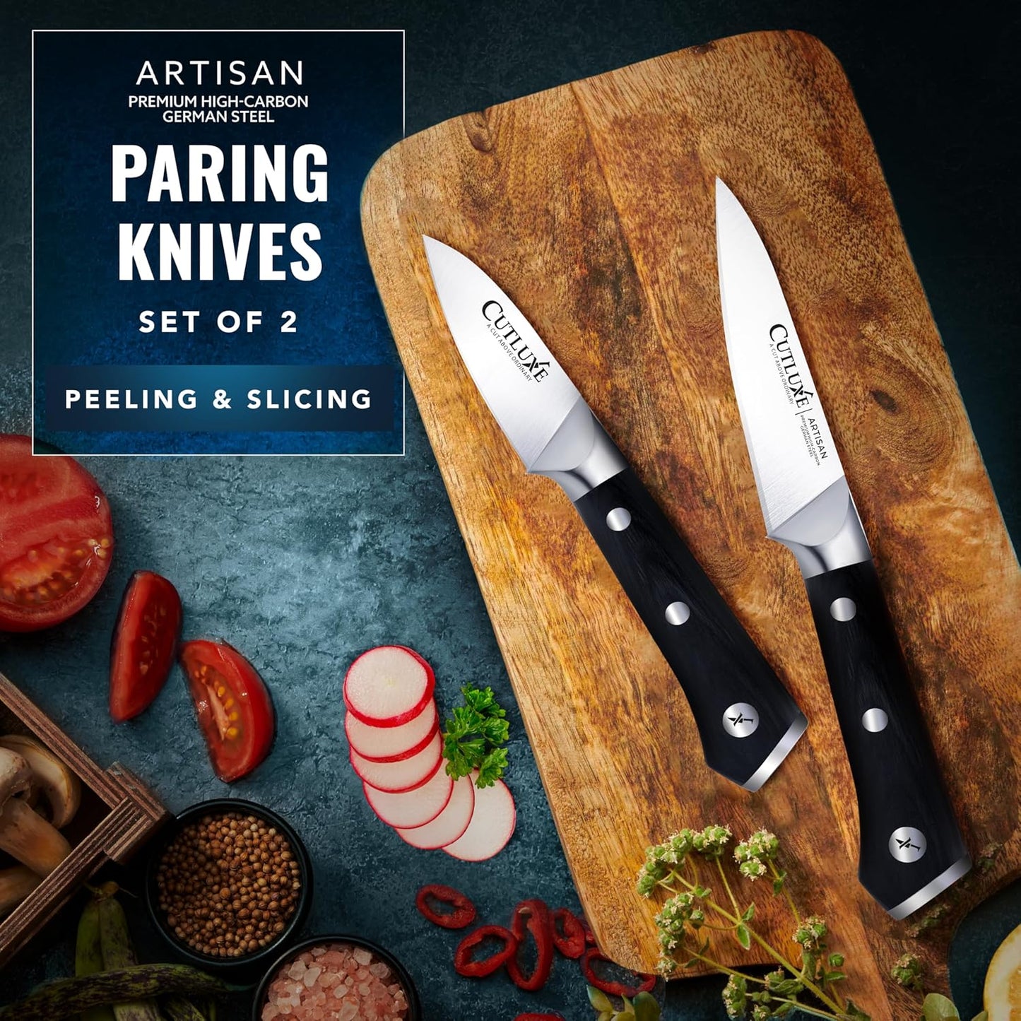 Cutluxe Paring Knife, 3.5" Small Kitchen Peeling Knife with Razor Sharp Blade – High Carbon German Steel, Full Tang, Ergonomic Handle Design – Artisan Series