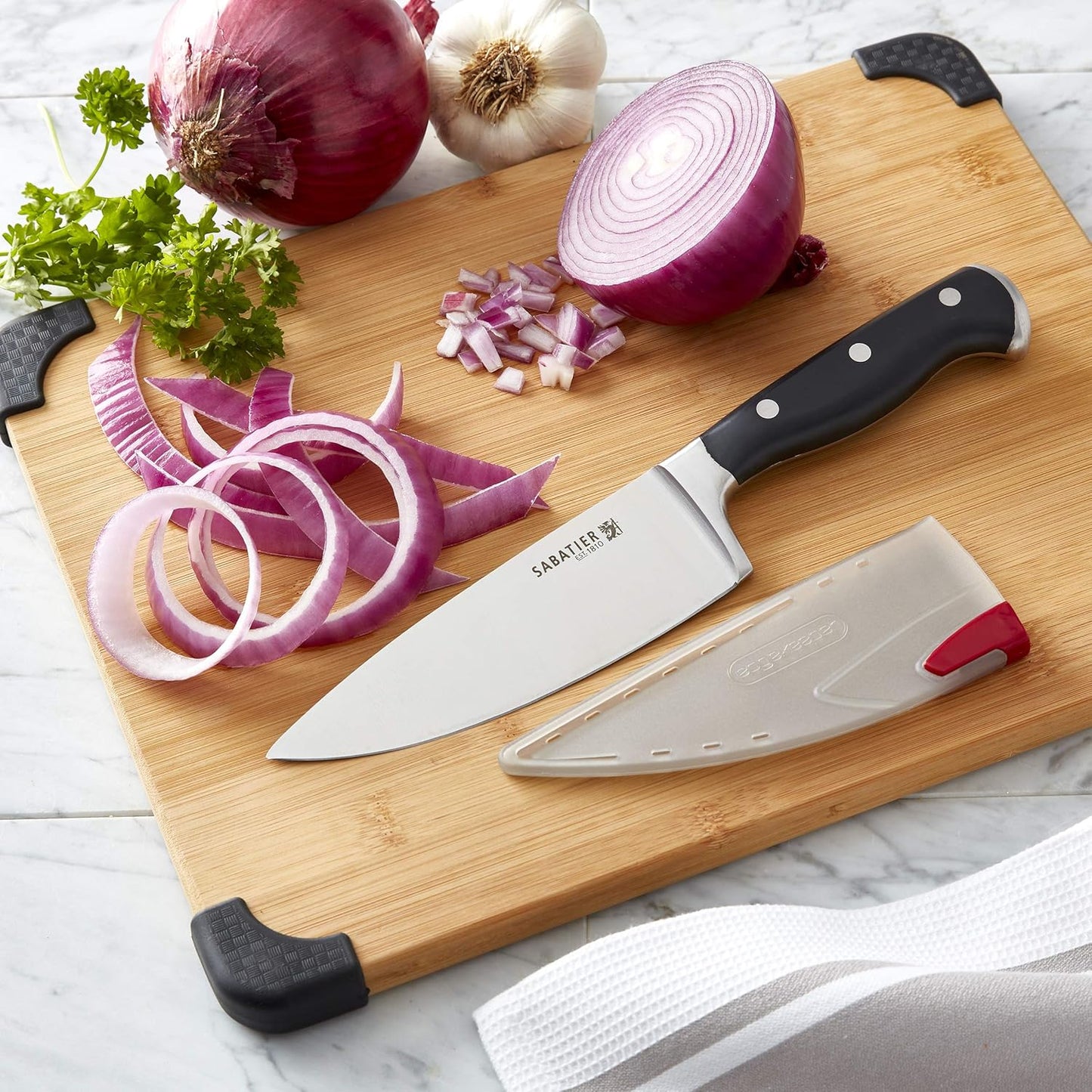 Sabatier Forged Stainless Steel Chef Knife with Edgekeeper Self-Sharpening Blade Cover, High-Carbon Stainless Steel Kitchen Knife, Razor-Sharp Knife to Cut Fruit, Vegetables and more, 8-Inch, Black