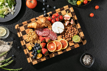 THETCHRY Cutting Boards for Kitchen, Checkered Cutting Board Thickened, Walnut & Rubber Wood Chopping Board with Juice Groove & Handle, Double-sided Butcher Block with Gift Box, 16.5" x 11.6" x 1.2"