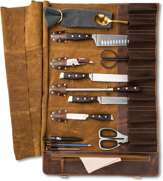 Angus Stoke premium leather knife roll storage bag XXL - 14 pockets, buffalo leather with shoulder strap, chef's knife bag case Rene (Walnut-Brown)