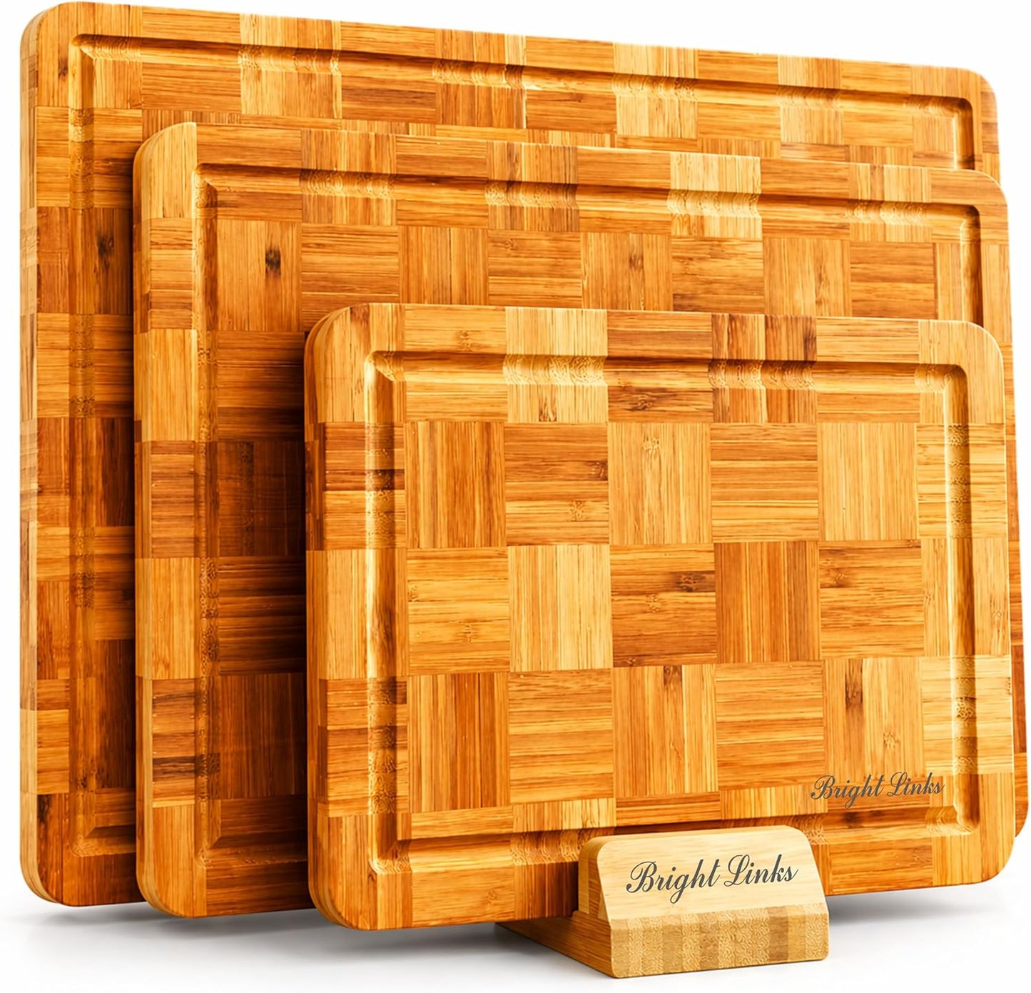 Bamboo Cutting Board Set with Juice Groove, End Grain Cutting Boards, Set of 3 with Holder, Extra Large17 x 12 Inch,1 Inch Thick Heavy Weight 9.5 lb Non-Toxic Wood Chopping Boards for Meat, Vegetables