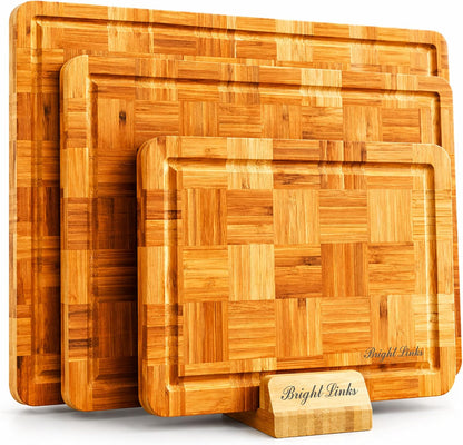 Bamboo Cutting Board Set with Juice Groove, End Grain Cutting Boards, Set of 3 with Holder, Extra Large17 x 12 Inch,1 Inch Thick Heavy Weight 9.5 lb Non-Toxic Wood Chopping Boards for Meat, Vegetables