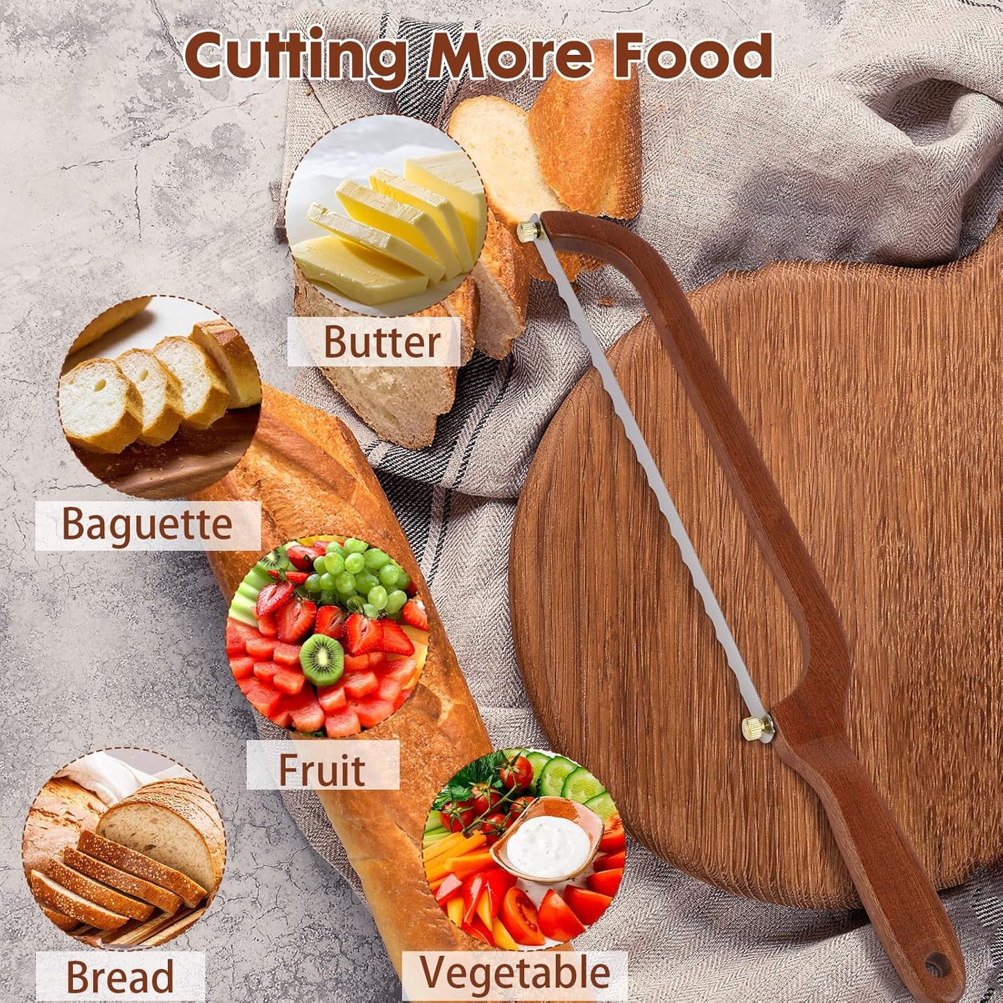 Bread Slicer for Homemade Bread - Wooden Sourdough Bread Knife with Bow Design - Premium Stainless Steel Serrated Saw Bread Cutter for Bagels, Baguettes Vegetables, Sandwich, Fruits with 2 Blades