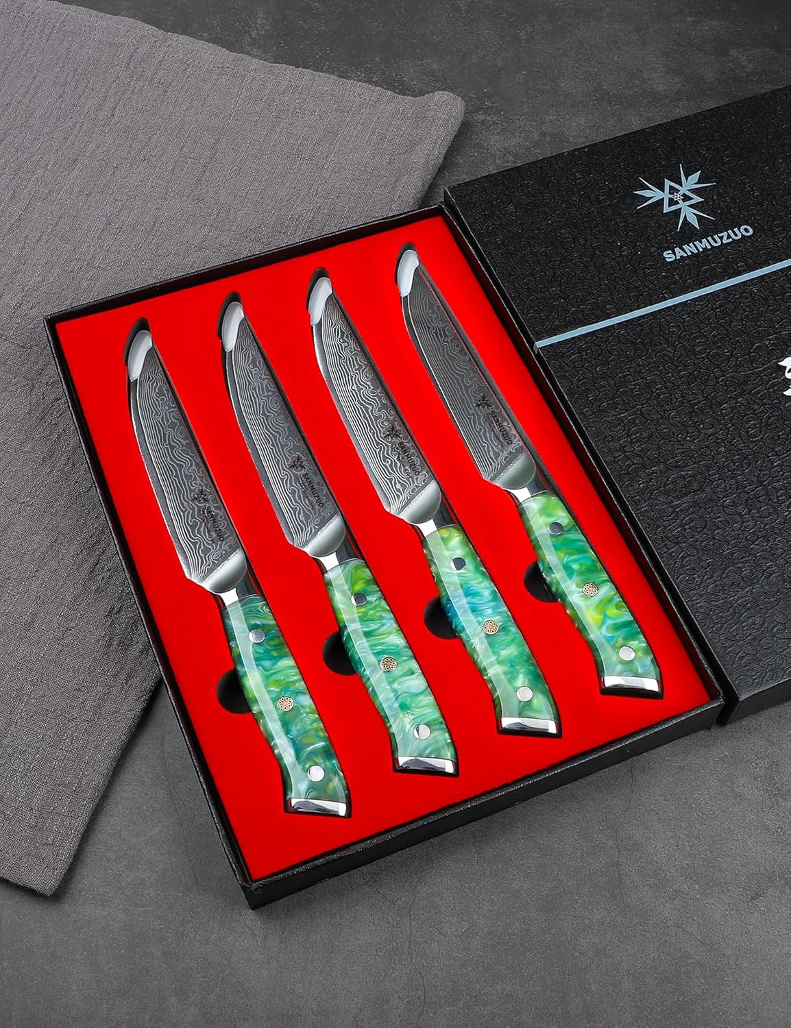 Steak Knives Set of 4, Ultra Sharp Non Serrated Kitchen Steak Knife 5 Inch - Damascus Steel & Resin Handle - Xuan Series (Sapphire Blue)