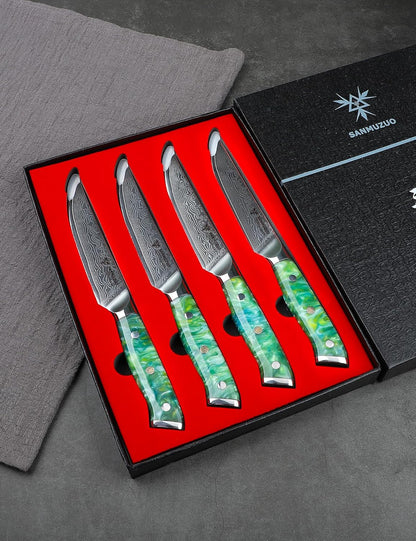 Steak Knives Set of 4, Ultra Sharp Non Serrated Kitchen Steak Knife 5 Inch - Damascus Steel & Resin Handle - Xuan Series (Sapphire Blue)