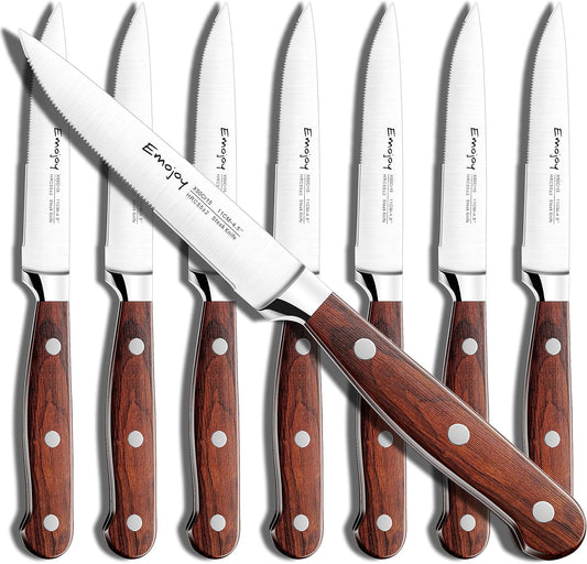 Emojoy Steak Knives, Steak Knife Set of 8, Highly Resistant and Durable German Stainless Steel Serrated Steak Knives with Gift Box