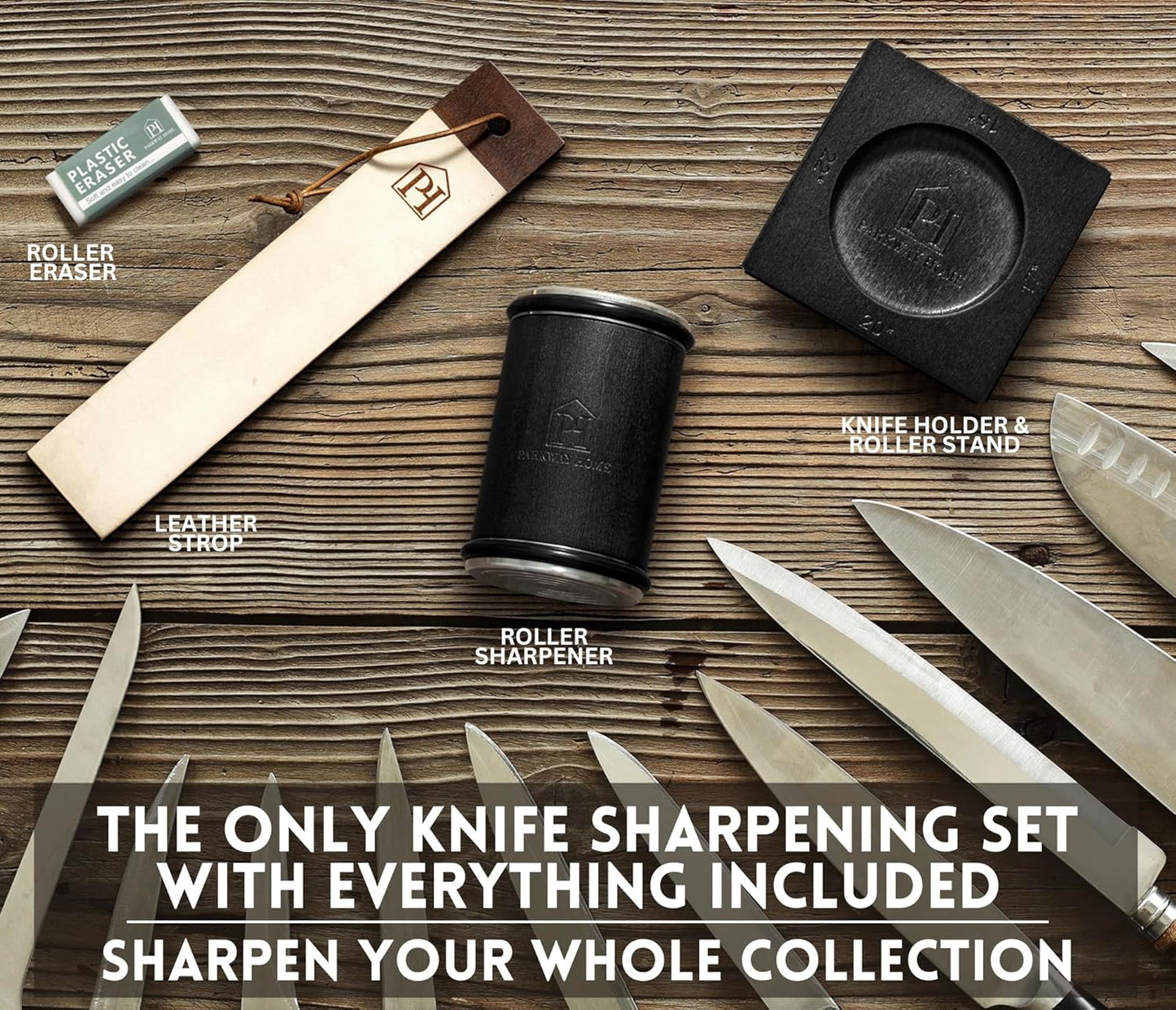 Rolling Knife Sharpener with Leather Strop and 15, 17, 20 & 22 Degree Angles - Knife Sharpener Kit - Roller Knife Sharpening System with Stand, Holder & Eraser - Walnut Brown