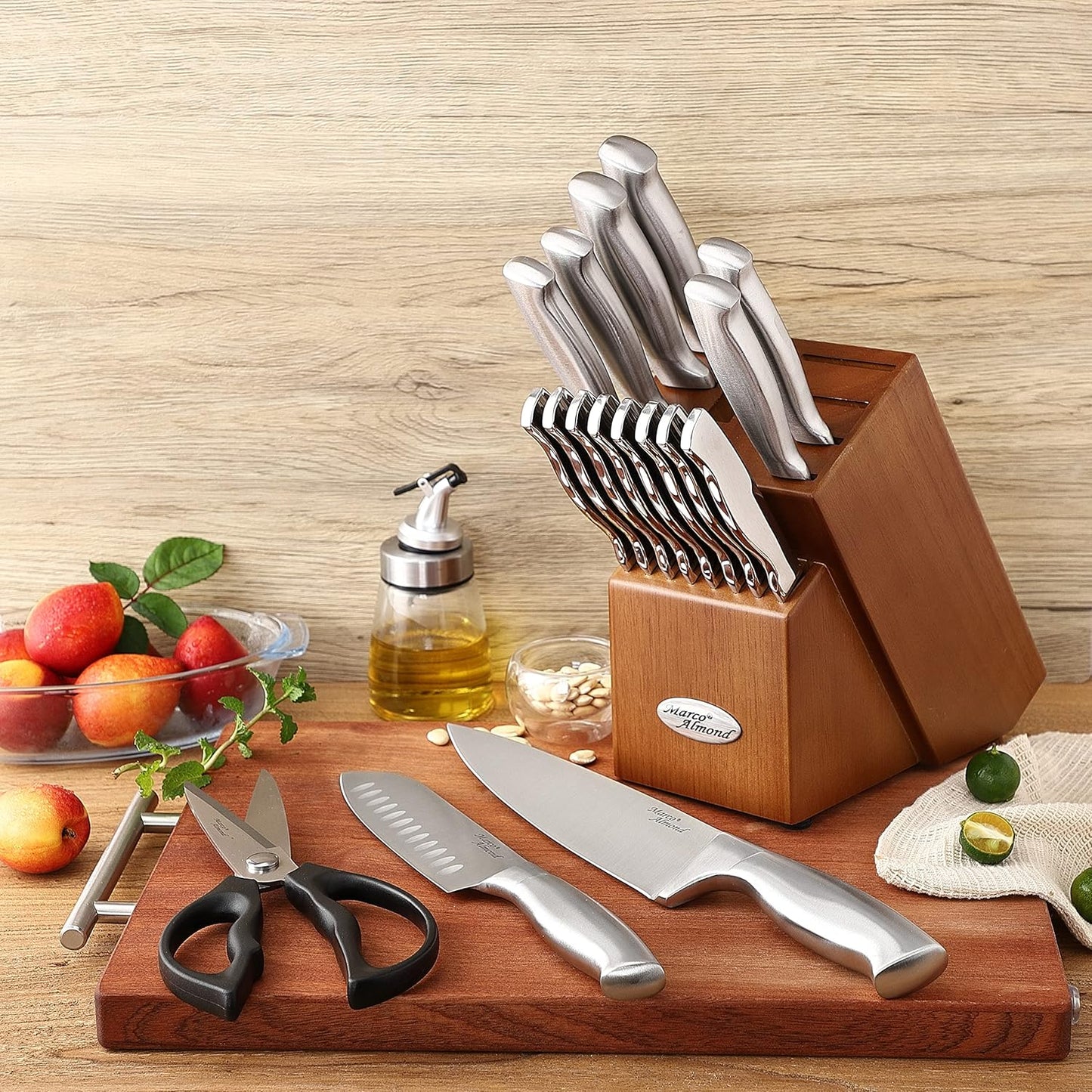 Marco Almond® Knife Block Set, KYA26 Knife Set with Block, 14 Pieces Stainless Steel Chef Kitchen Knives with Built-in Sharpener
