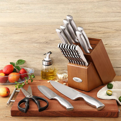 Marco Almond® Knife Block Set, KYA26 Knife Set with Block, 14 Pieces Stainless Steel Chef Kitchen Knives with Built-in Sharpener