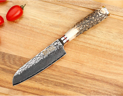 SUNLONG Usuba & Nakiri Knife 6.5 inch Fruit and Vegetable Knife Japanese Hammered Damascus Steel Super sharp - Natural Deer Horn Handle