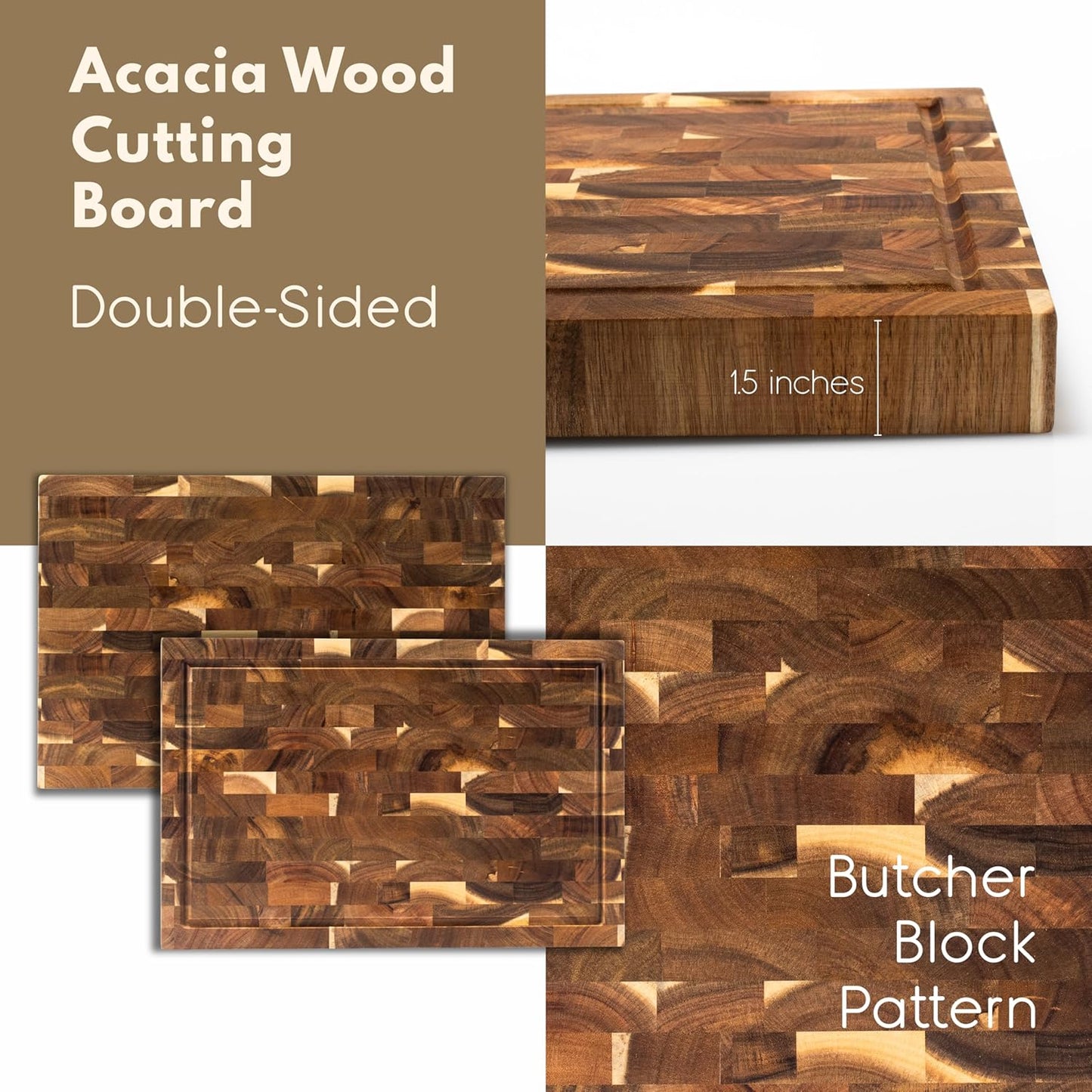 Personalized End Grain Acacia Wood Cutting Board - Custom Engraved Butcher Block with Name & Date - Deep Juice Groove, 2 Size Options - Housewarming, Wedding, Chef Gift