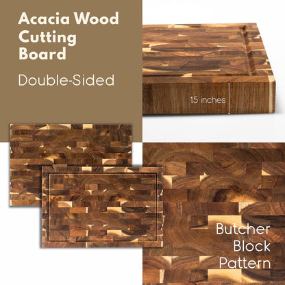 Personalized End Grain Acacia Wood Cutting Board - Custom Engraved Butcher Block with Name & Date - Deep Juice Groove, 2 Size Options - Housewarming, Wedding, Chef Gift