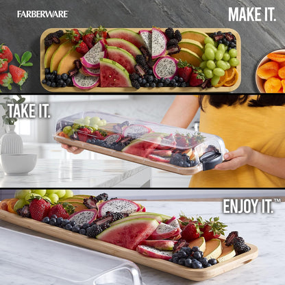 Farberware Build-A-Board Bamboo Cutting Board with Single Storage Compartment, Clear Locking Lid, Black Handles, Perfect for Charcuterie & Snacks