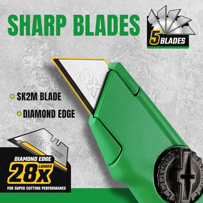 SK Fixed Blade Utility Knife, Heavy Duty Zinc Alloy Box Cutter, Tool-Free Blade Change, Blades Storage in Shell, Extra 5 SK2M Blades Included