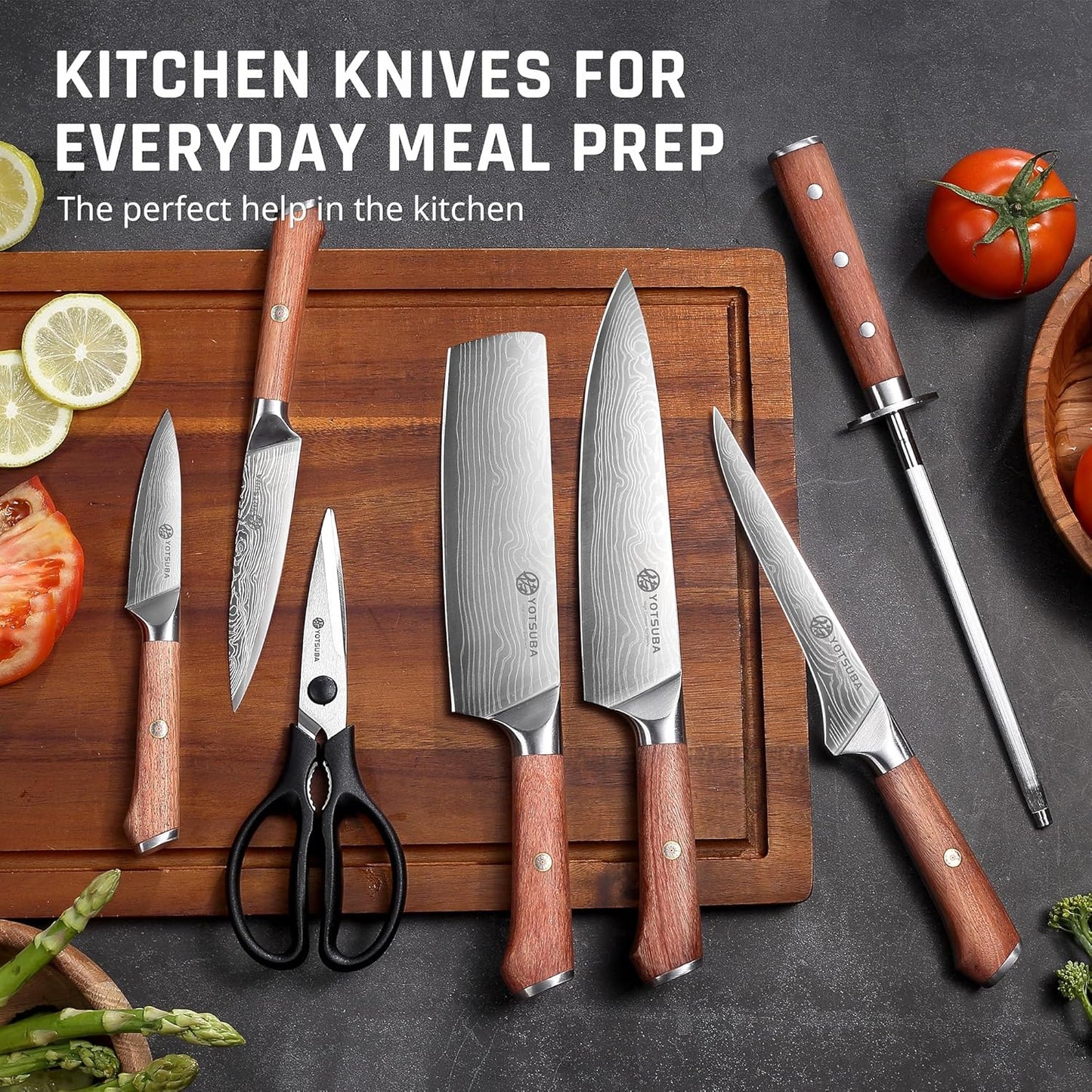 YOTSUBA Carving Knife and Fork Set, Meat Cutting Knife, Razor-Sharp German Stainless Steel Knives Fork Set with Ergonomic Wood Handle, Slicing Knives for Meats, BBQ & Vegetables