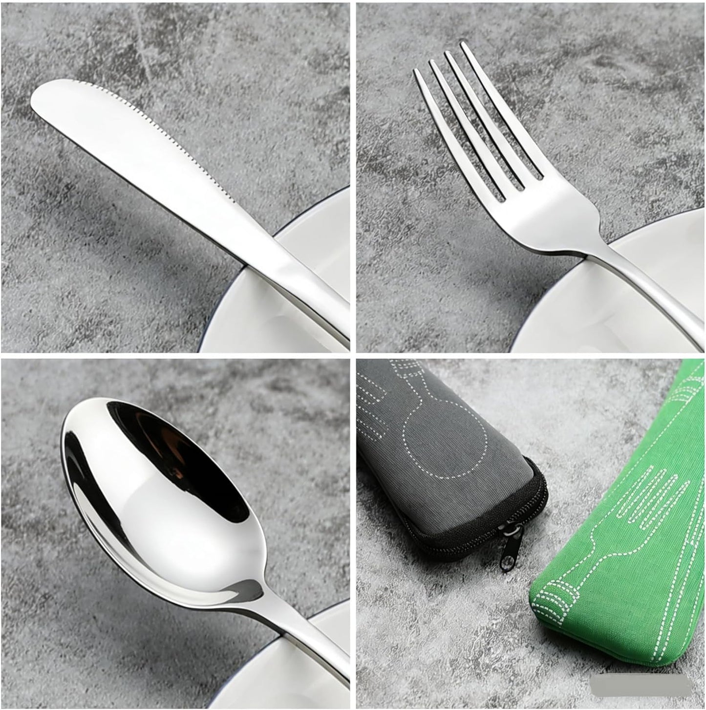 3-Piece Stainless Steel Picnic Cutlery, Portable Silverware Set for Work, Travel Utensil Set w/Case, 4-Pack