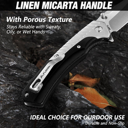 FLISSA Pocket Knife with 3.35" 14C28N Steel Blade, Liner Lock Folding Knife with Wooden Handle for EDC, Camping, Hiking, Outdoor Activities, Gift for Men and Women