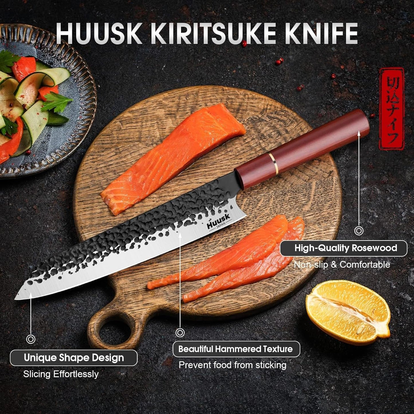Huusk Chef Knife, Professional 9" High Carbon Steel Japanese Kitchen Knives, Hand Forged Cooking Knife for Meat Sushi, Gift for Men and Women