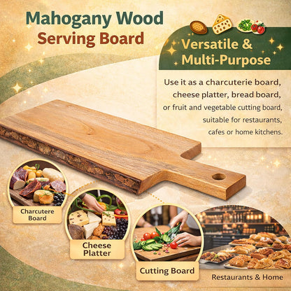 Creative Home Mahogany Wood Charcuterie Board with Live Edge, Handmade Rustic Cheese Serving Tray, Solid Hardwood Bread & Appetizer Board, 14 x 5 Inch