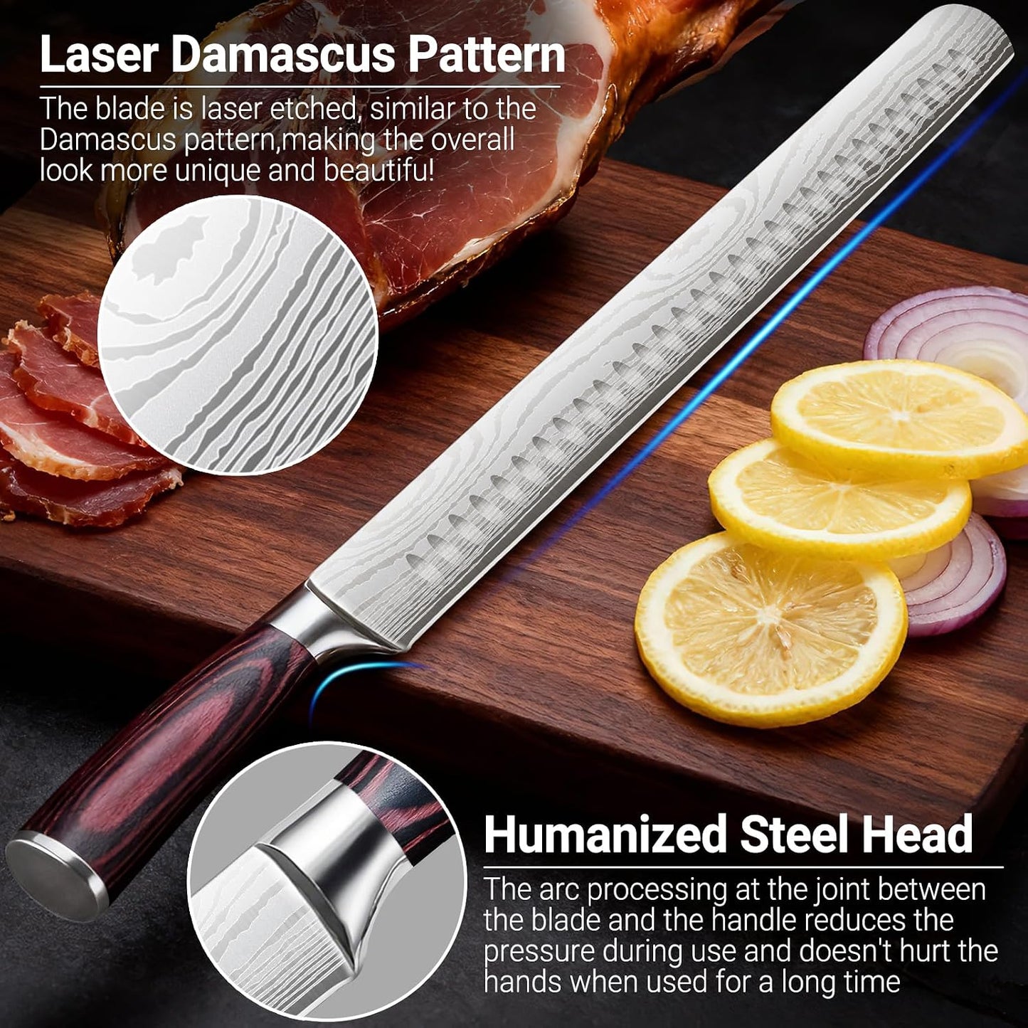 Brisket Knife Meat Carving Knives - 12 Inch Ultra Sharp High Carbon Steel Kitchen Carving Slicing Knife with Ergonomic Wood Handle & Gift Box for Turkey, Meat Cutting, BBQ