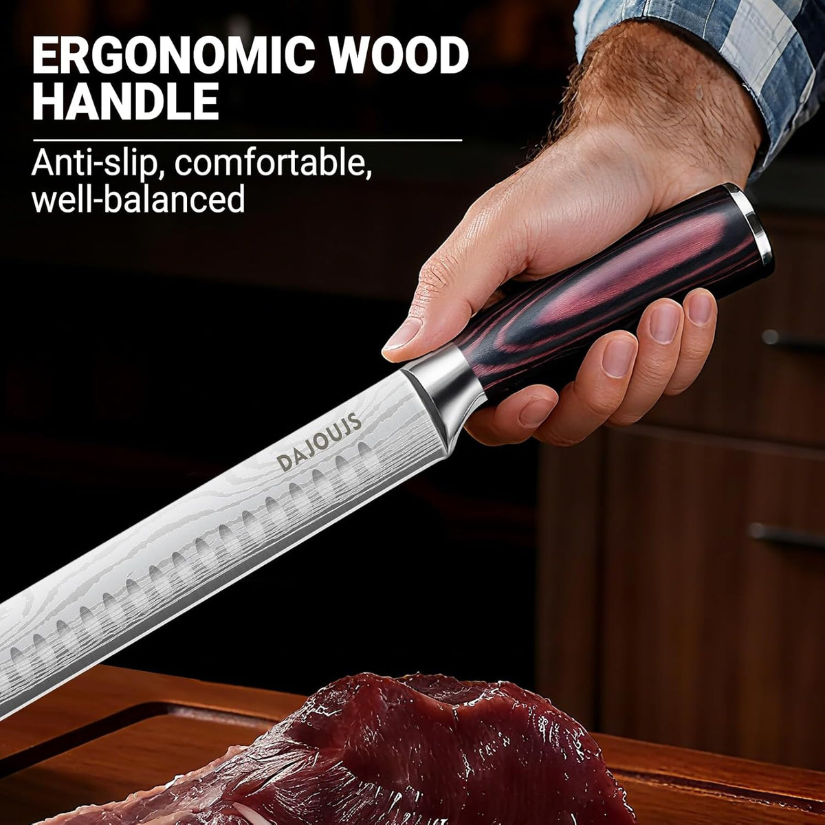 Brisket Knife Meat Carving Knives - 12 Inch Ultra Sharp High Carbon Steel Kitchen Carving Slicing Knife with Ergonomic Wood Handle & Gift Box for Turkey, Meat Cutting, BBQ