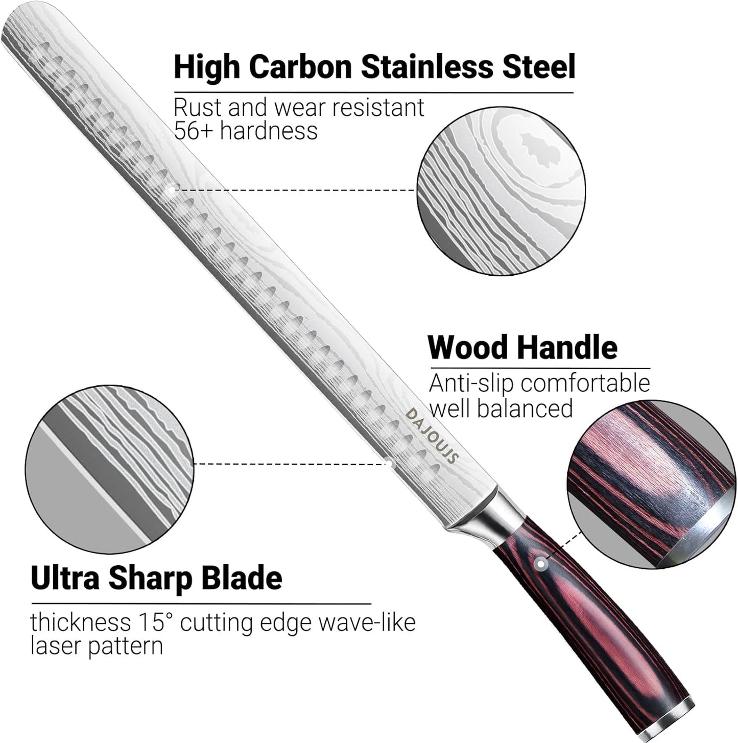 Brisket Knife Meat Carving Knives - 12 Inch Ultra Sharp High Carbon Steel Kitchen Carving Slicing Knife with Ergonomic Wood Handle & Gift Box for Turkey, Meat Cutting, BBQ