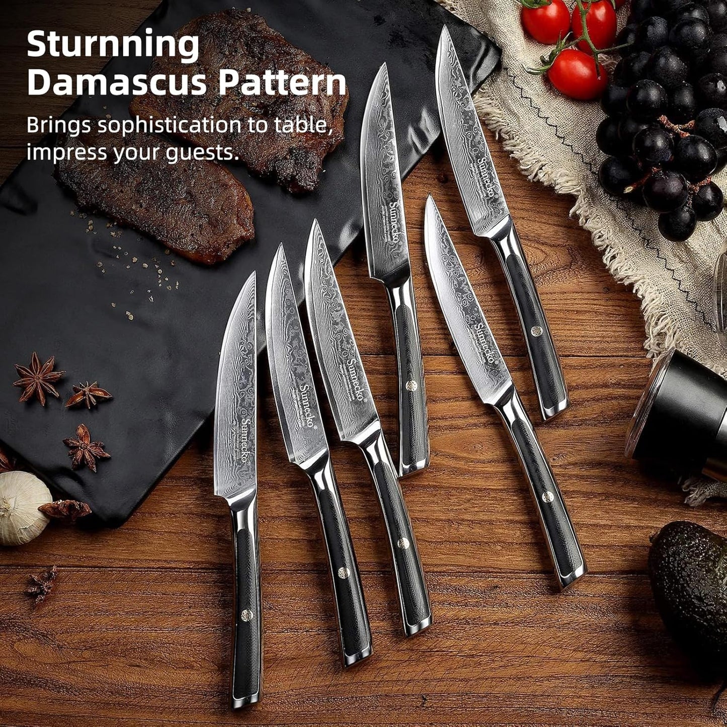 Sunnecko Damascus Steak Knife Set Non Serrated, Japanese VG10 Stainless Steel Steak Knife Set of 2, 5 Inch Steak Knives G10 Handle with Gift Box