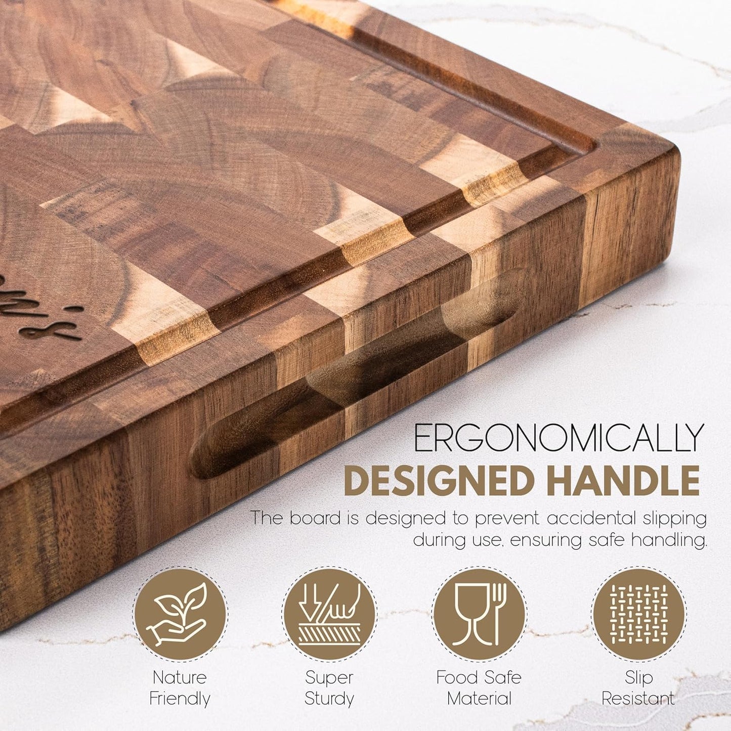 Personalized End Grain Acacia Wood Cutting Board - Custom Engraved Butcher Block with Name & Date - Deep Juice Groove, 2 Size Options - Housewarming, Wedding, Chef Gift