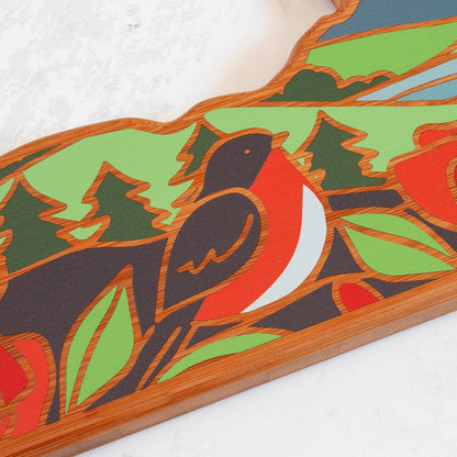 Totally Bamboo North Carolina State Shaped Cutting Board and Charcuterie Serving Platter with Artwork by Summer Stokes, Includes Hang Tie for Wall Display 18" x 8" x 5/8" - Colors A