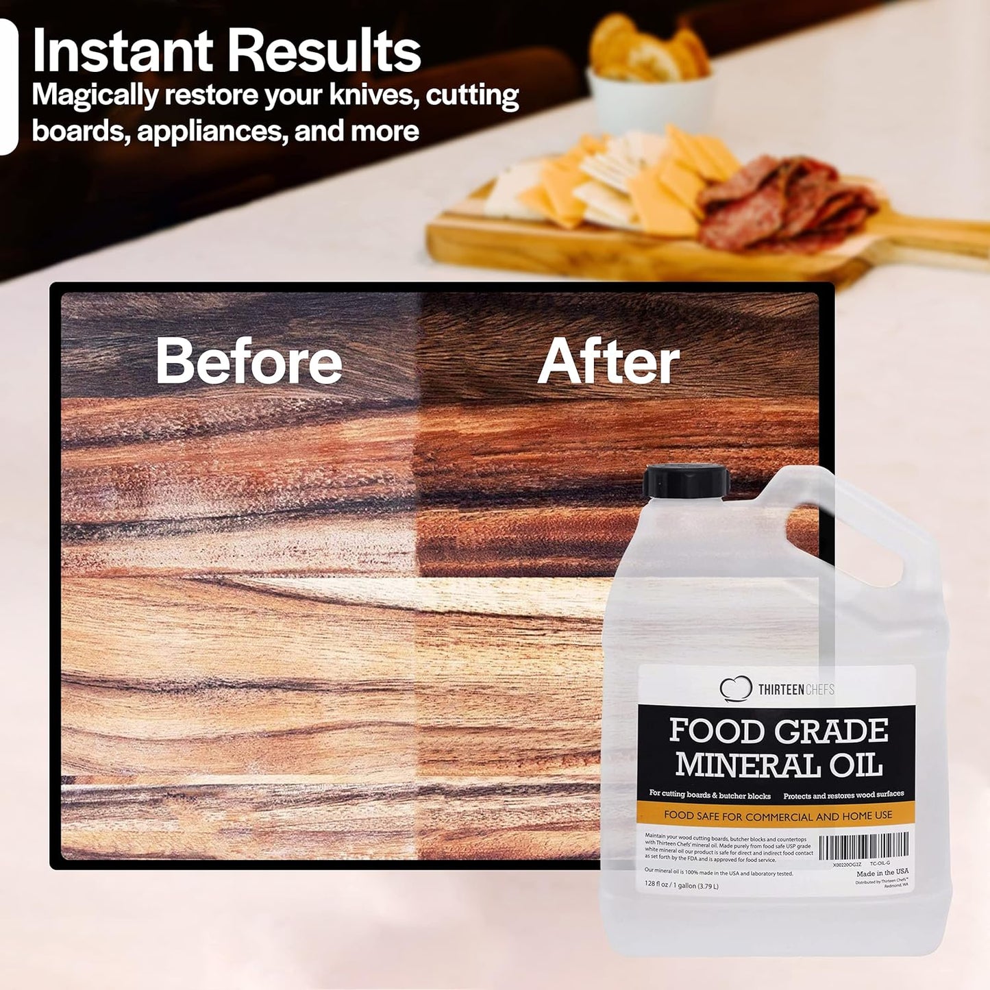 Thirteen Chefs Mineral Oil - 8 oz Food Grade Conditioner for Wood Cutting Board, Countertop & Butcher Block, Lubricant for Knife or Meat Grinder - Safe USP Finish on Marble, Soapstone