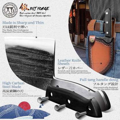 XYJ Authentic Since 1986,Outstanding Ancient Forging,6.7 Inch Full Tang,Serbian Chefs knife,Chef Meat Cleaver,Kitchen Knives,Set with Leather Sheath,Take Carrying,Butcher
