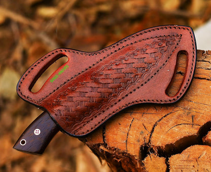 Fixed Blade Damascus Steel Hunting Knife with Leather Sheath, 9'' Full Tang Hunting Skinning,Non-Slip Wooden Handle,Camping Knife (VENGI)