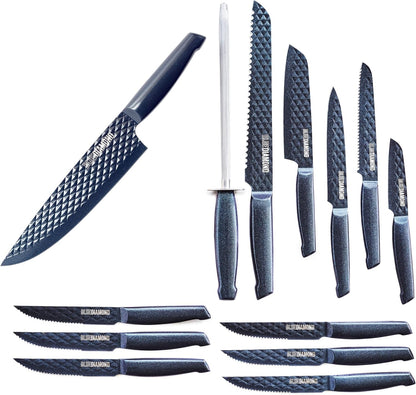 Blue Diamond Sharp Stone 14 Piece Knife Block Set, PFAS-Free Nonstick Diamond Textured Stainless Steel Blades, Rust Resistant Kitchen Cutlery, Chef & Steak Knives, Dishwasher Safe, Navy