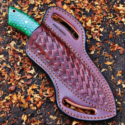Fixed Blade Damascus Steel Hunting Knife with Leather Sheath, 9'' Full Tang Hunting Skinning,Non-Slip Wooden Handle,Camping Knife (VENGI)
