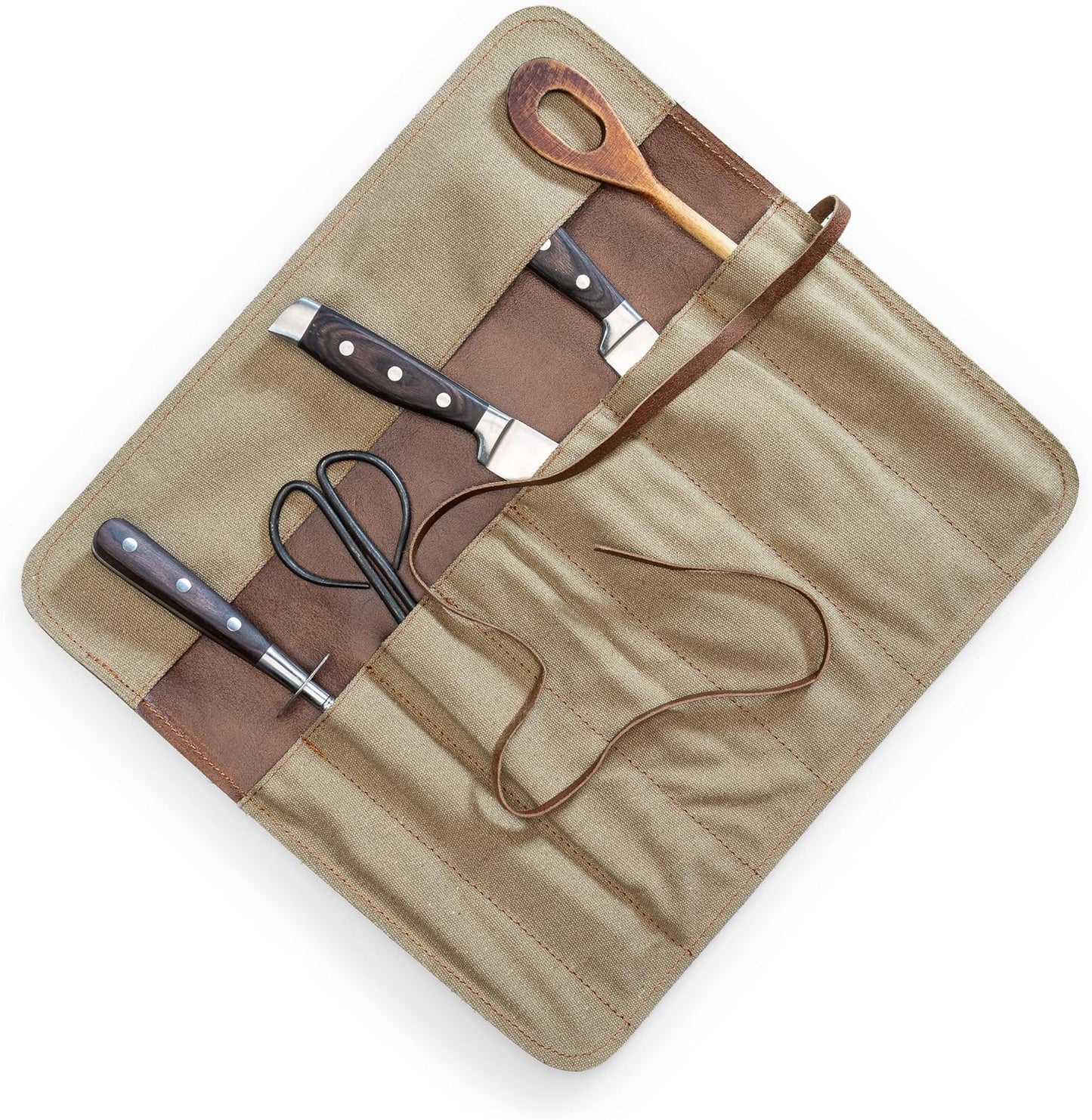 Angus Stoke Knife Bag made of durable Canvas & genuine buffalo Leather - Chef's Knife Roll Case for Cooking, Camping & BBQ - Knives storage Neil (Beige)