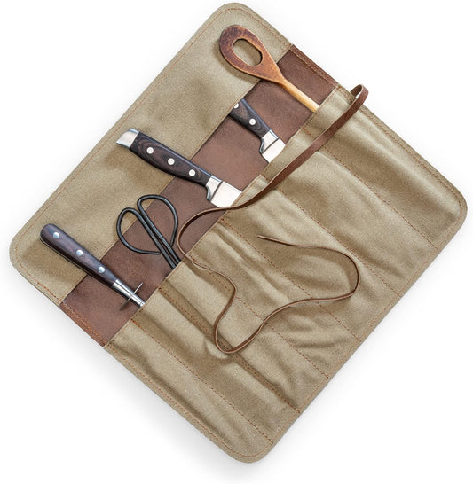 Angus Stoke Knife Bag made of durable Canvas & genuine buffalo Leather - Chef's Knife Roll Case for Cooking, Camping & BBQ - Knives storage Neil (Beige)