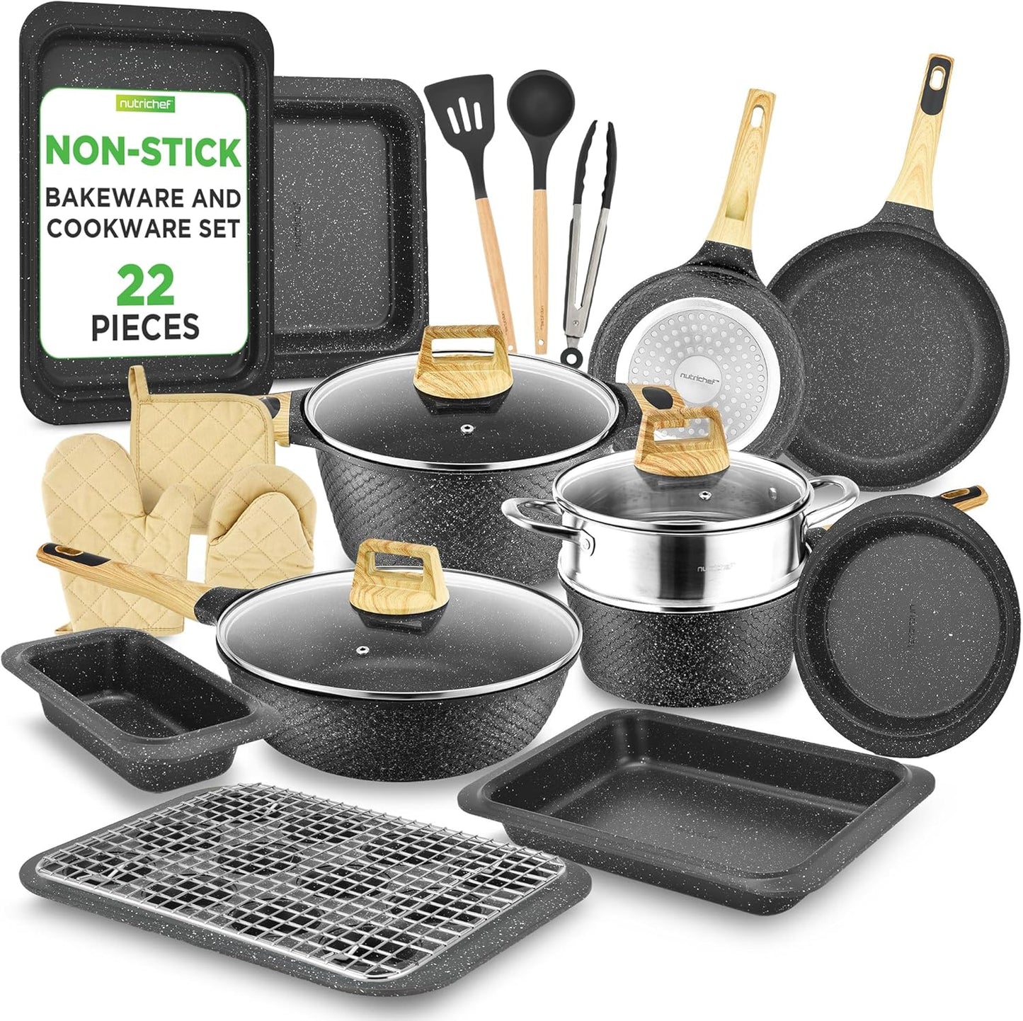 NutriChef 54-Piece Kitchen Cookware Set – Complete Non-Stick Ceramic Pots and Pans Set with Utensils, Bakeware, and Knife Set, Gas, Electric & Induction Compatible, Blush Pink Kitchen Essentials