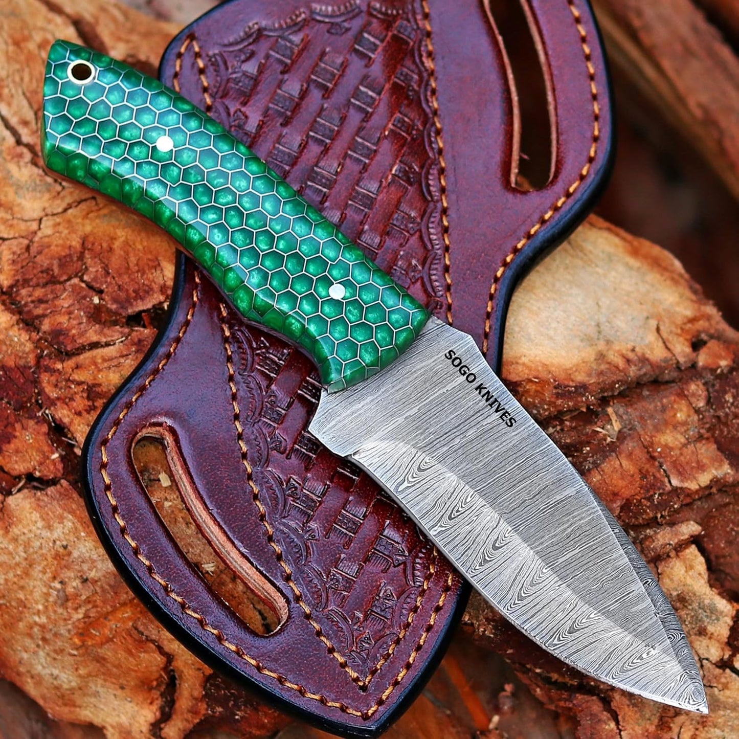 Fixed Blade Damascus Steel Hunting Knife with Leather Sheath, 9'' Full Tang Hunting Skinning,Non-Slip Wooden Handle,Camping Knife (VENGI)